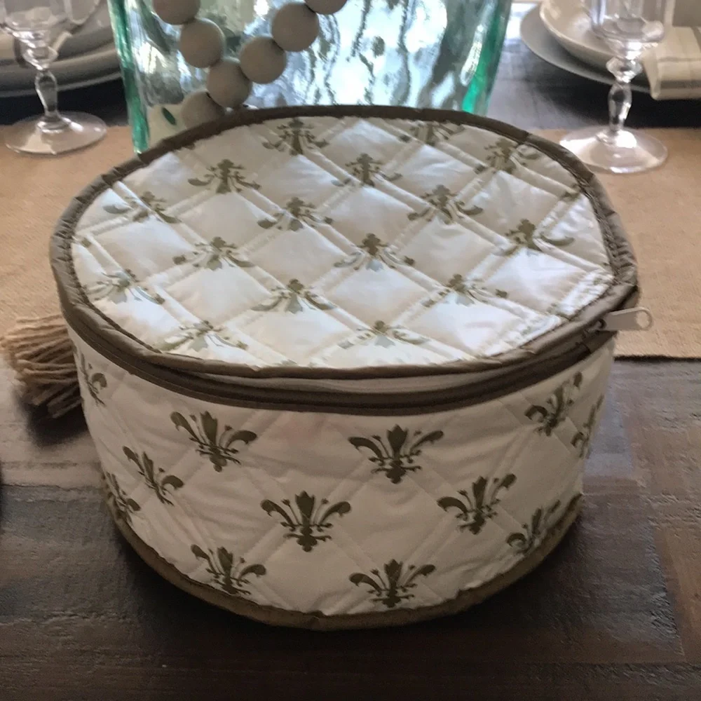 Vintage RARE Fleur De Lis Print Quilted Plastic Round Zipper Storage Set…